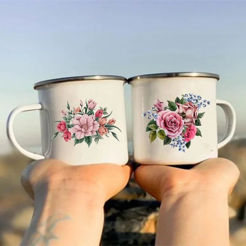Flower Print Retro Enamel Mugs Creative Coffee Cups Summer Outdoor Picnic Drinks Juice Milk Camping Mugs Handle Drinkware Gifts